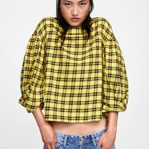 Zara Basic Yellow Plaid Puff Sleeve Blouse Womens Small